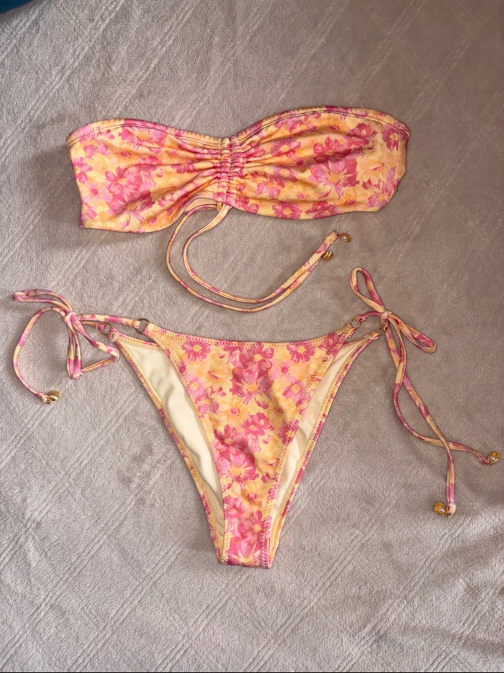 PACSUN Floral Yellow & Pink Bandeau Tie-Side Bikini